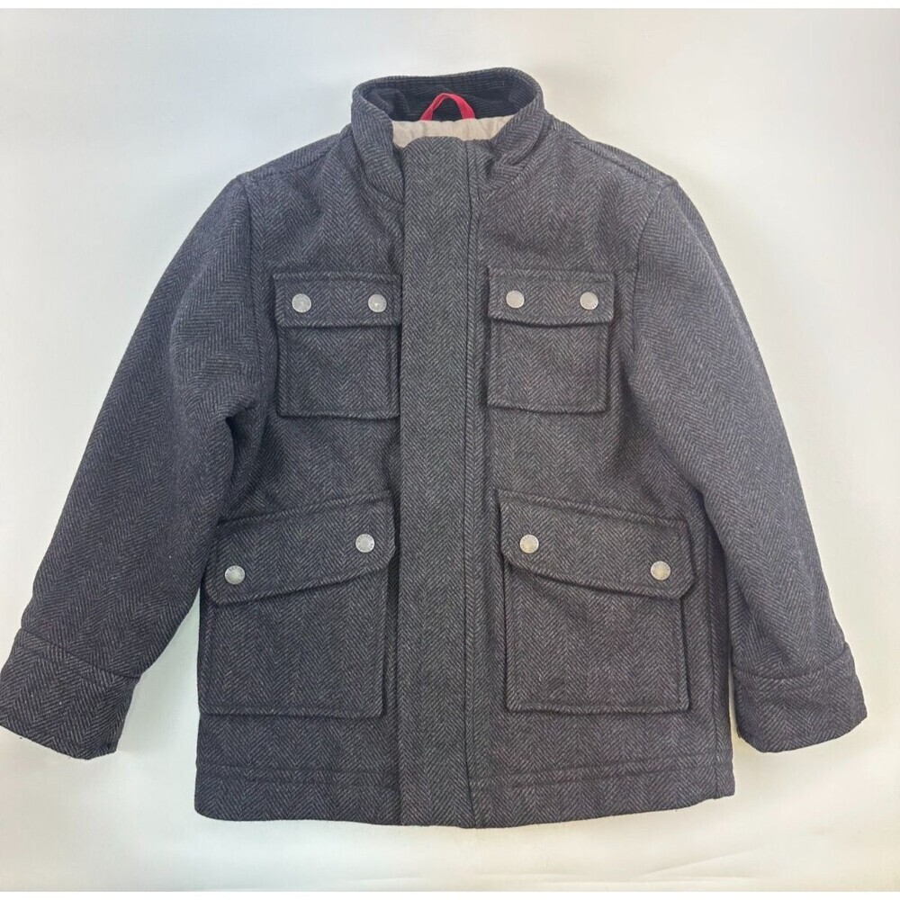 Gap Kids Boys Gray Herringbone Coat Zip Wool Blend Snap Mock Neck Kids Small 6-7